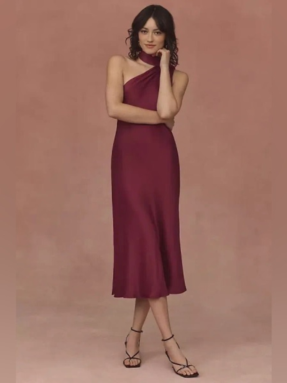 BHLDN Nicoletta One-Shoulder Scarf Satin Midi Dress in Burgundy